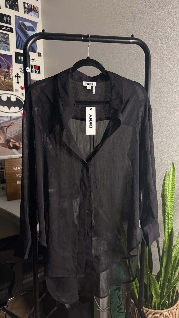 DKNY Women's Black Semi-Sheer Button-Down Long Sleeve Shirt Size M NWT